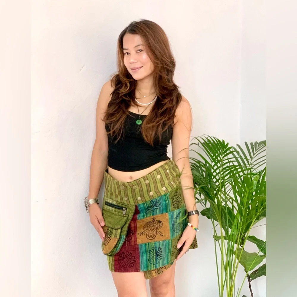 Patchwork Cotton Wrap Skirt with Blockprint - Picture 9 of 13